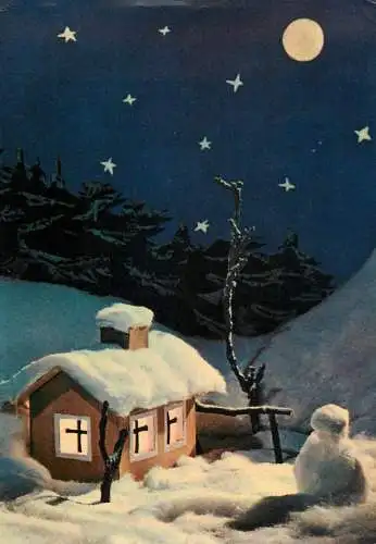 Postcard Hungary holiday Christmas scene and house