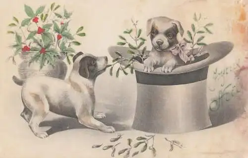Drawn dogs puppy New Year greetings postcard (water damage unstick back)