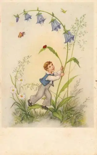 Greetings postcard drawn boy luck ladybug and butterfly flowers surrealism