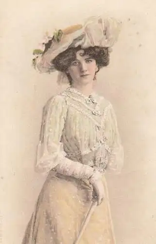 Lovely drawn woman fancy hat vintage chromo postcard
