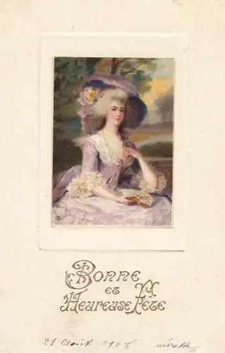 Portrait of a glamour lady with fan & purple hat 1908