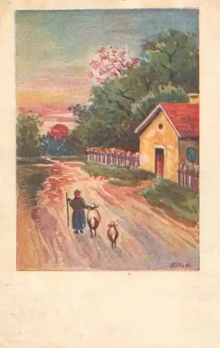 Artist 1941 postcard Hungary landscape (unstick back damage)