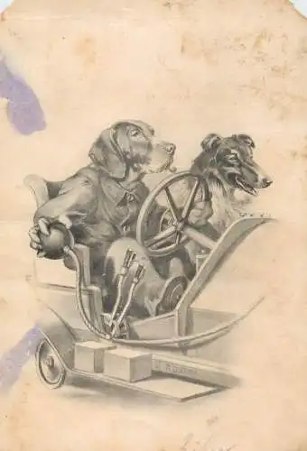 R. Ulreich humanized dogs automobile driver vintage damaged trimmed artist postcard M. M. Vienne, M. Munk