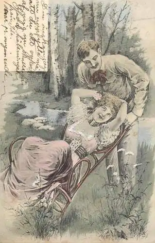 Romantic drawn couple 1904 postcard Sweden