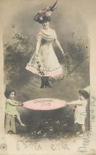 New Year surrealism lady and children 1905 greetings postcard