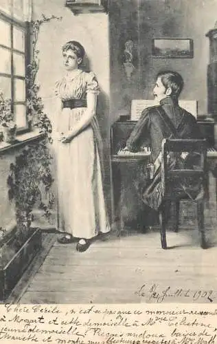 Fine art 1902 piano music romantic couple nostalgic lady postcard