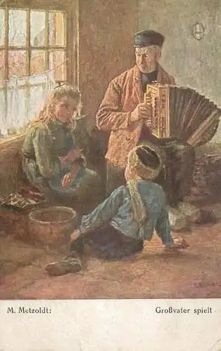 Fine art postcard painting M. Metzoldt Grossvater spielt
