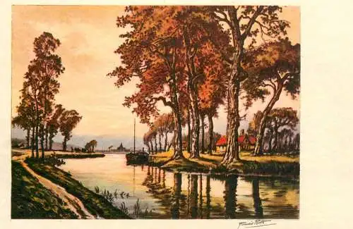 Fine art postcard painting Italien Gravur landschaft forest and lake scene 1966