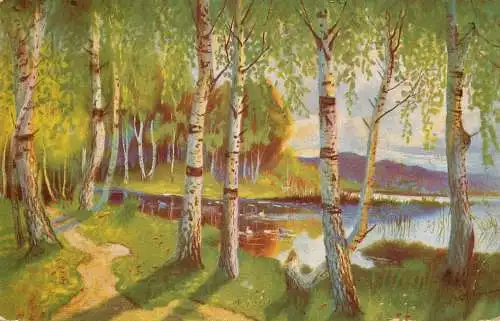 Fine art postcard painting Germany landschaft forest scene
