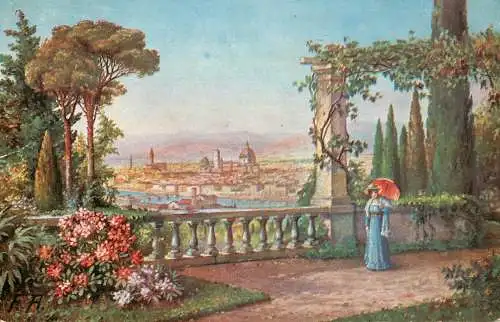 Fine art postcard painting Florence panorama and red umbrella lady
