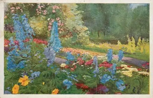 Fine art postcard painting stadtgarten Karlsruhe aquarell von Wilh. Volz.