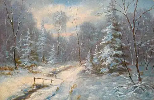 Fine art postcard painting Buon Natale winter scene