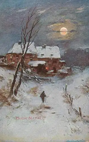 Fine art postcard painting Buon Natale winter scene