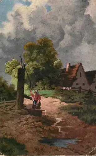 Fine art postcard painting Sanlbo village landscape Bavaria