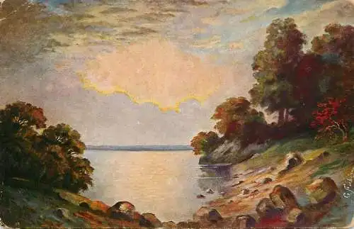 Fine art postcard painting coast landscape and sunset