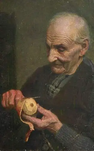 Fine art postcard painting W. Muller Schoenefeld der Apfelschaler