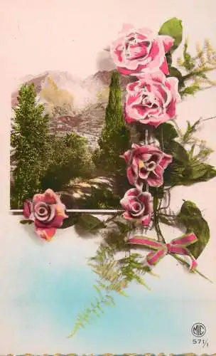 Flower postcard France pink flower and mountain scene
