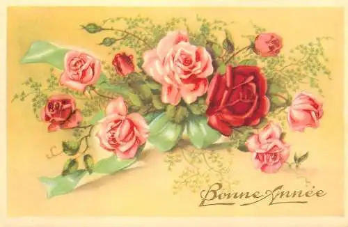 Flower postcard Bonne Annee rose flower bouquet