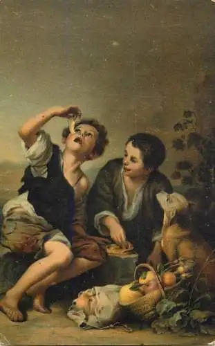 Fine arts postcard painting Munchen Die Pastetenesser Murillo