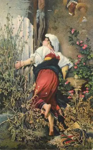 Fine arts postcard painting Ad. Kuntz romische pilgerin ein Kruzifix kussend