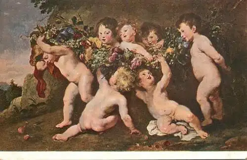 Fine arts postcard painting Rubens Garland of fruits born by seven children