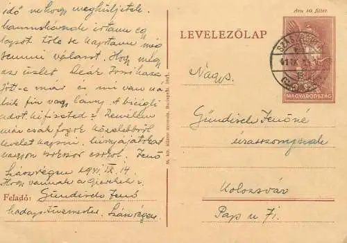 Postal card Hungary personal letter 1941