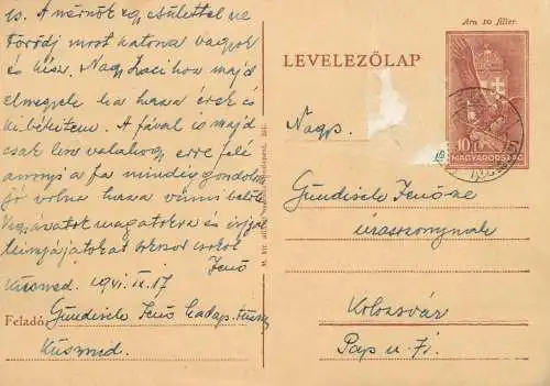 Postal card Hungary personal letter 1941