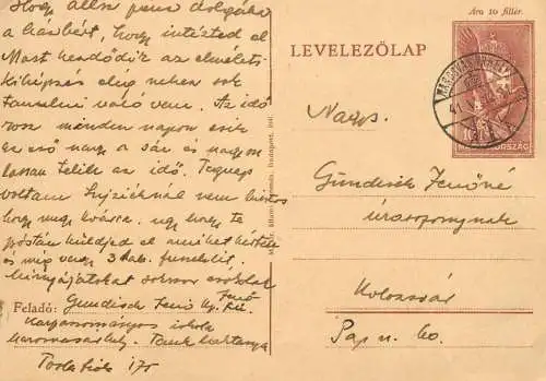 Postal card Hungary personal letter 1941