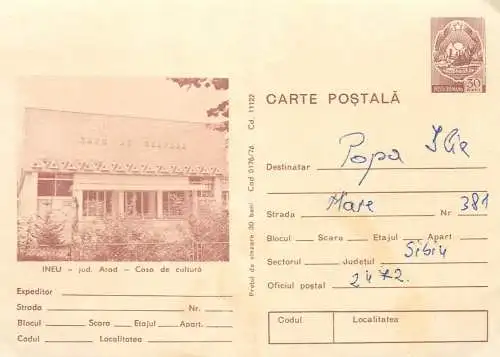 Postal card Romania Ineu Arad casa de cultura