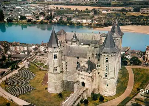 Aerial view postcard France Saumur chateau et Loire