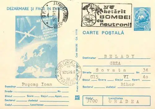 Postal card Romania Dezarmare si pace in Europa 1981