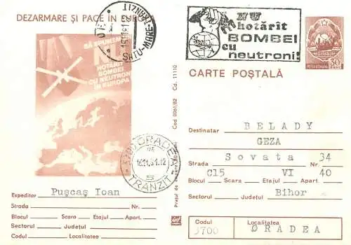 Postal card Romania Dezarmare si pace in Europa 1981