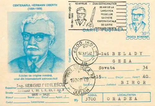 Postal card Romania centenarul Hermann Oberth fizician astronautic