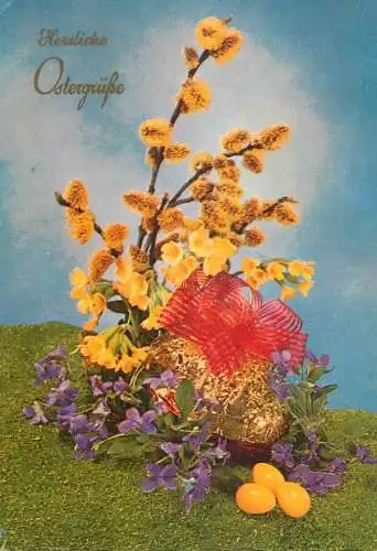 Postcard Easter scene eggs and flower