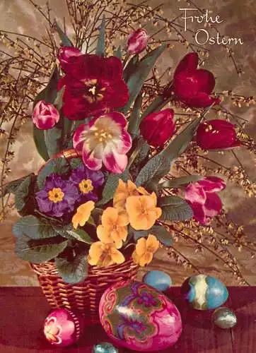 Postcard Easter scene eggs and flower