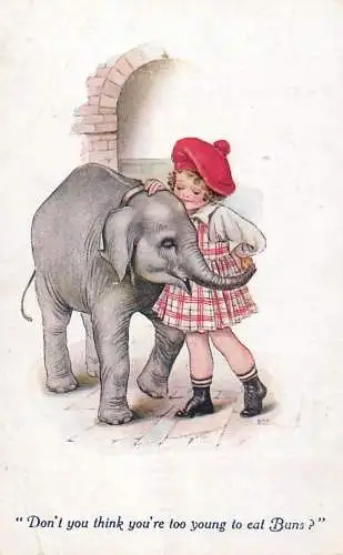 Postcard animal drawn elephant and girl caricature
