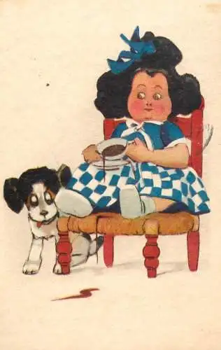Postcard small child in with coffee and dog
