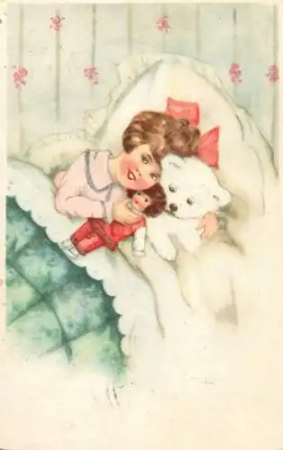 Postcard small child in bed with dolls