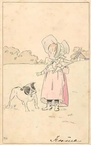Postcard small child elegant and dog
