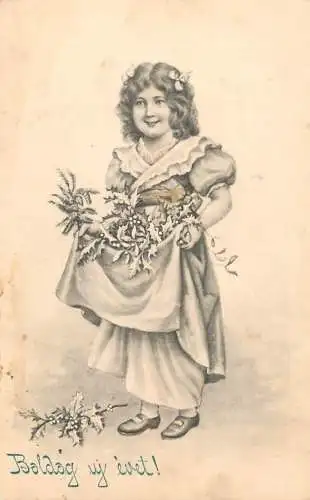 Postcard children young girl in dress and flowers Hungary