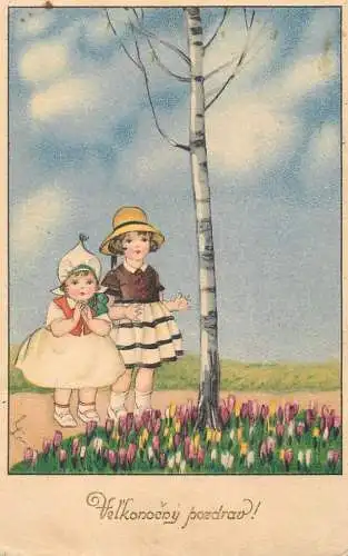 Postcard children scene tulip field
