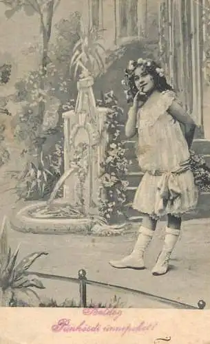 Postcard child young girl in dress and flowers fountain