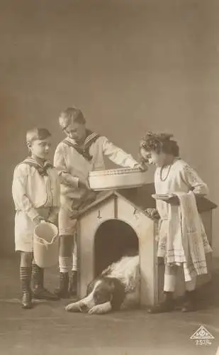 Postcard children in navy suits and dog