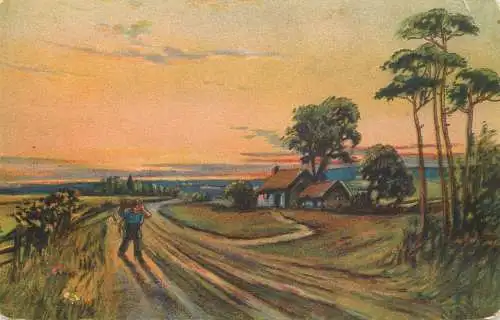 Postcard painting boy walking home from school