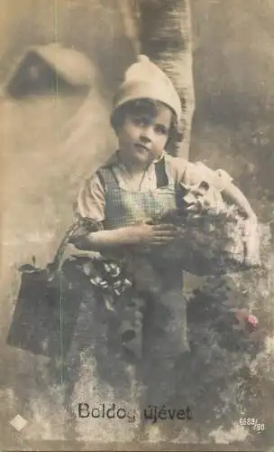 Postcard child portrait flower basket