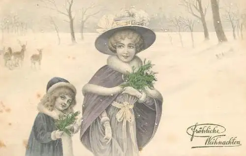 Postcard child lady elegance hats winter and deer