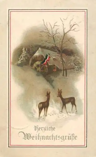 Postcard painting of a water mill in winter and deers