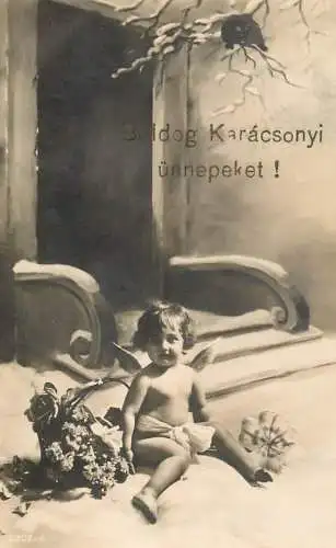 Postcard photograph of child posing with wings angel Hungary