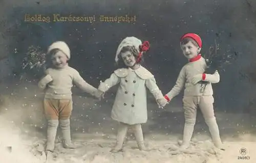 Postcard photograph of children in Christmas scene