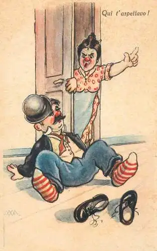 Postcard photograph of drunk husband coming home humour
